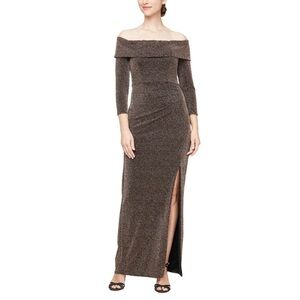 NWT Alex Evenings off-the-shoulder side-slit glitter dress black/copper 24W